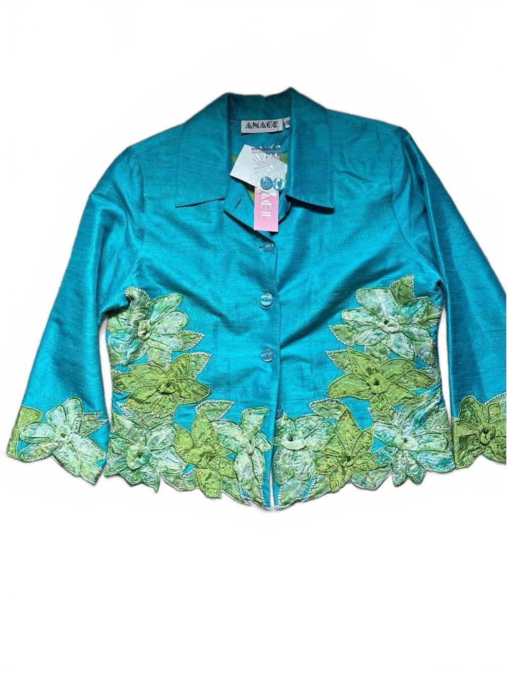 Vintage ANAGE 100% Silk Teal Floral Applique Sequin Jacket L NWT